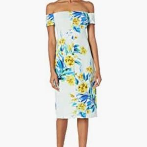 Black Halo White Off-Shoulder Floral Mini Dress with Blue and Yellow Print